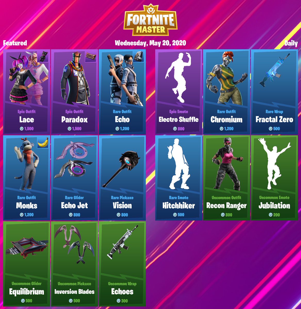 #Fortnite Item Shop for Wednesday, May 20, 2020

Support-a-Creator Code: FNMasterCom