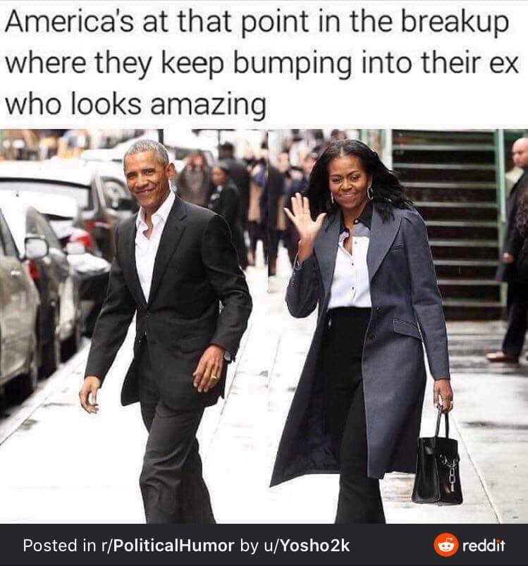 AuthorJoeNBrown's tweet image. America’s at that point in the breakup where they keep bumping into their ex who looks amazing 😉. #TrumpsJealousOfObama #ObamaWasBetterAtEverything #ObamaIsBetterAtEverything