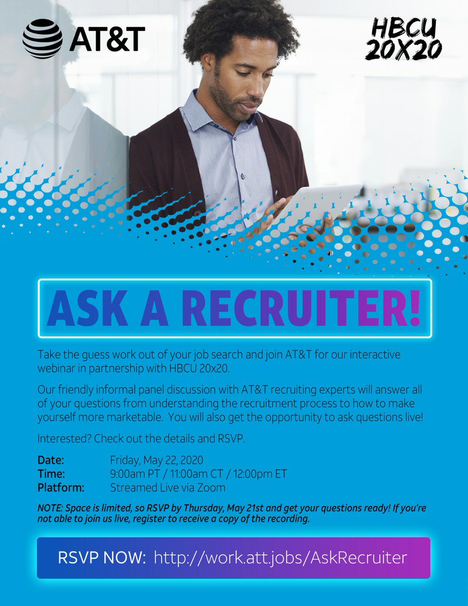 If you all know of any  #students/grads looking for a job/ #internship,  #HBCU 20x20 &  #ATT is hosting a “Ask a Recruiter,” discussion on Friday.You can ask  #recruiters anything that’s on your mind. Register:  https://zoom.us/webinar/register/WN_QPClBLZqQK6SdwvDWI44YA  #blacktechtwitter  #womenintech  #hiring  #jobs