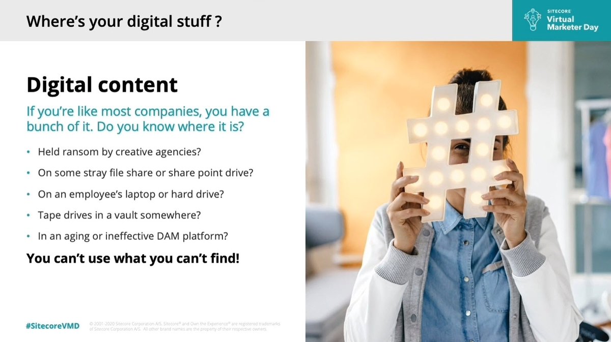 cook_bj's tweet photo. Screenshots are the new 'hold your phone up and take a photo of the presentation! I <3 this slide &amp; sentiment from Doris Sanocki @ General Mills "You can't use what you can't find." as she discusses their journey to @Sitecore Content Hub. #content #marketing
#SitecoreVMD https://t.co/IUXKdteWcC