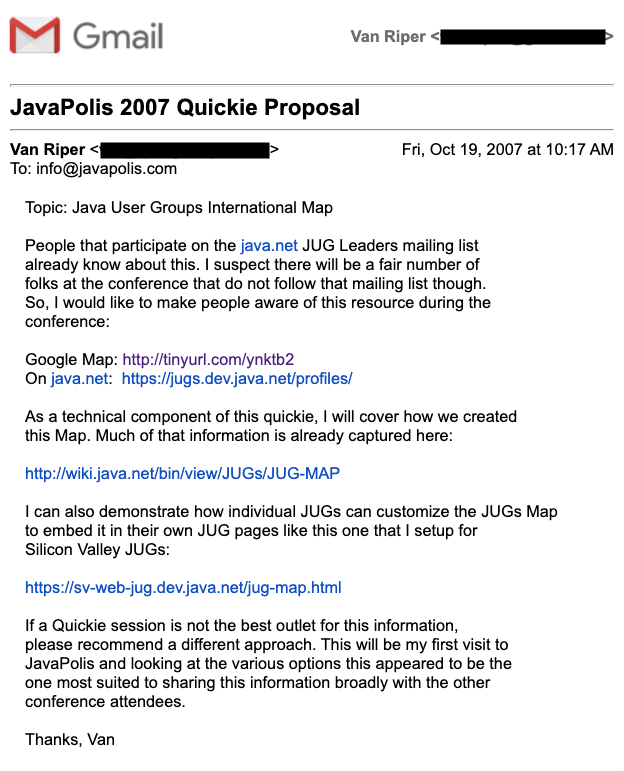 vanriper's tweet photo. 9) My #MovedByJava arc would not be complete without my first trip to #Javapolis (AKA @Devoxx today). I was thrilled that this 2007 talk proposal was accepted. Much love to @Stephan007 for offering free registrations to all JUG Leaders. https://t.co/4m5IqeqBKq