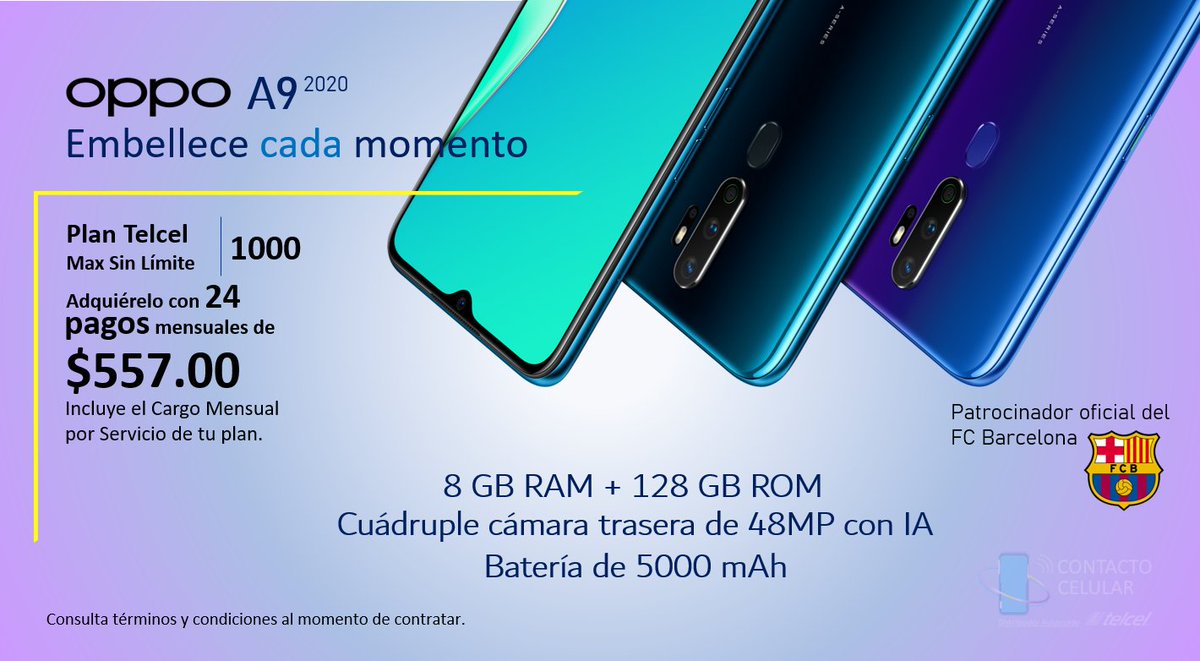 ContactoCelular's tweet photo. ¡Oppo esta de regreso con Telcel y viene con el A9 2020 que puedes adquirir en tu renovación en plan Telcel Max Sin Límite 1000 con 24 pagos mensuales de $557.00 ya incluyendo la renta de tu plan y el doble de megas durante todo el plazo contratado!

https://t.co/LqJj22mlyk https://t.co/QhtCXMQzgl