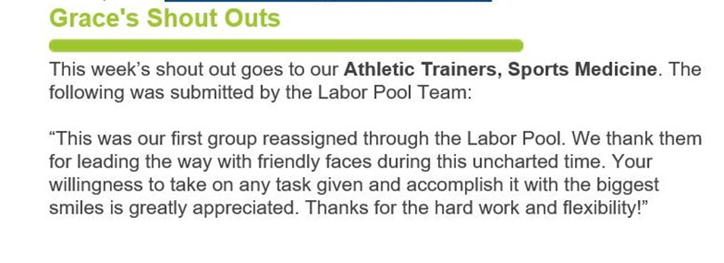 OhioATA's tweet photo. The hard work of @AkronChildrens Athletic Trainers has not gone unnoticed! The staff received a shout out from CEO, Grace Wakulchik, and the labor pool team. Keep up the great work! #SidelinesToFrontlines #InThisTogetherAkronChildrens #OATAinAction #GLATAinAction https://t.co/kOjh6zP4H0