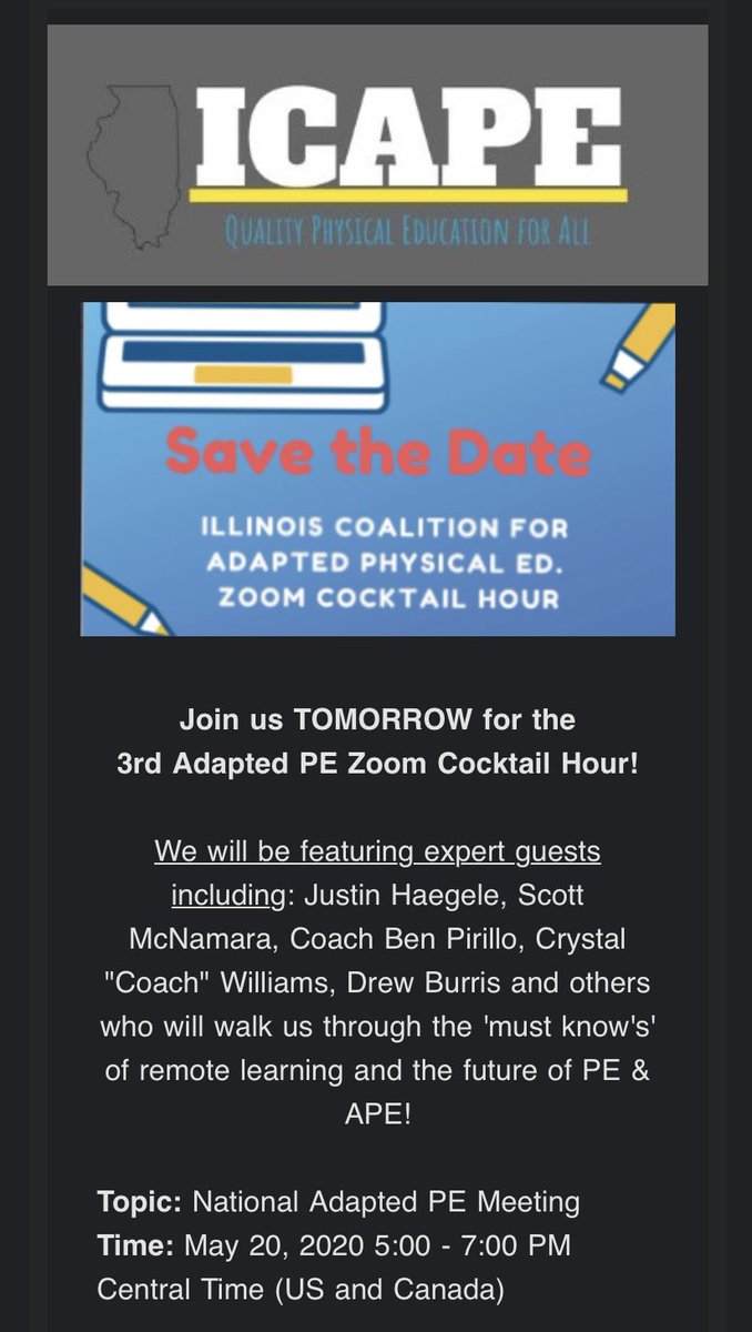 ILAdaptedPE's tweet photo. Join us tomorrow night for the 3rd #AdaptedPE cocktail hour🍹 
⏰ 5pm CST  
✅ Hope to “see” you all there https://t.co/yXwIKIxOhG