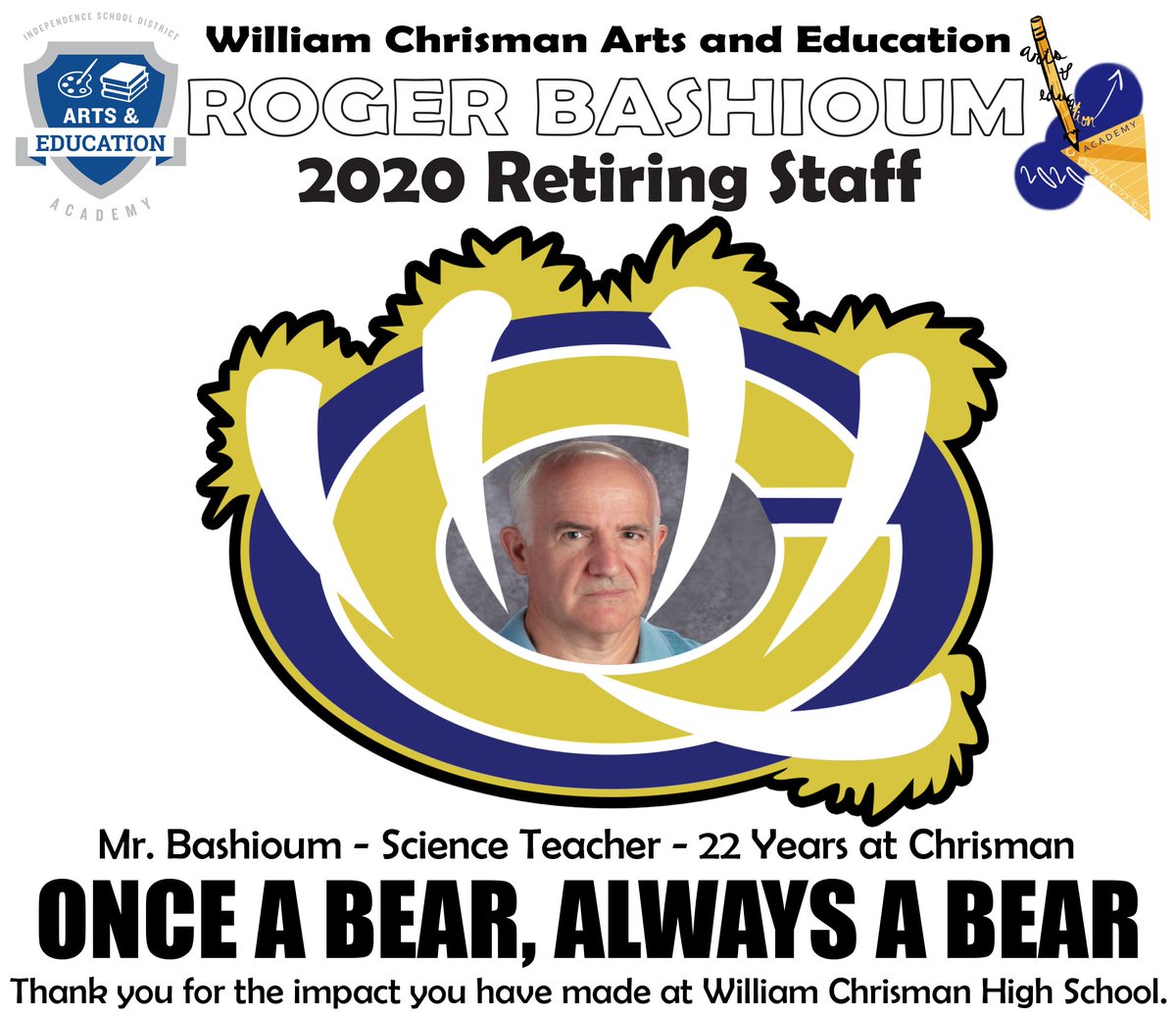 artsand_ed's tweet photo. Thank you and good luck - Science teacher Roger Bashioum, who is retiring after 22 years at Chrisman and more than 30 in education. https://t.co/jKFmw6yUfH