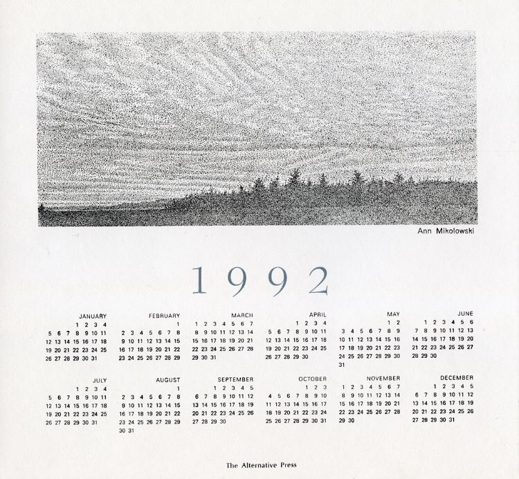 Her pointillist drawings of postcard-ready landscapes were a regular part of the Press, and were featured in its yearly calendar. One of her pointillist landscapes was chosen to represent Michigan in the 1991 Absolut Statehood campaign.