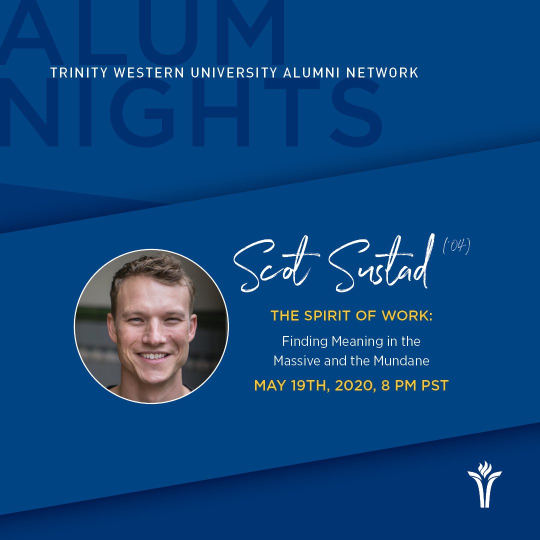 TWUalum's tweet photo. Join us for our first AlumNights webinar as we hear from Scot Sustad ('04) on the topic "The Spirit of Work: Finding Meaning in the Massive and the Mundane."

Register at: https://t.co/Hnd7L641zd https://t.co/00VDLQLZxG