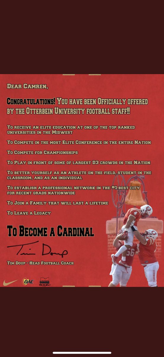 CamrenHall5's tweet photo. Blessed to receive my second Official offer from Otterbein University🙏🏽🤍❤️!!#GodIs @CarltonBrewster  @CoachDanDamico @Otterbein_FB @TheD_Zone https://t.co/srolTcc96J