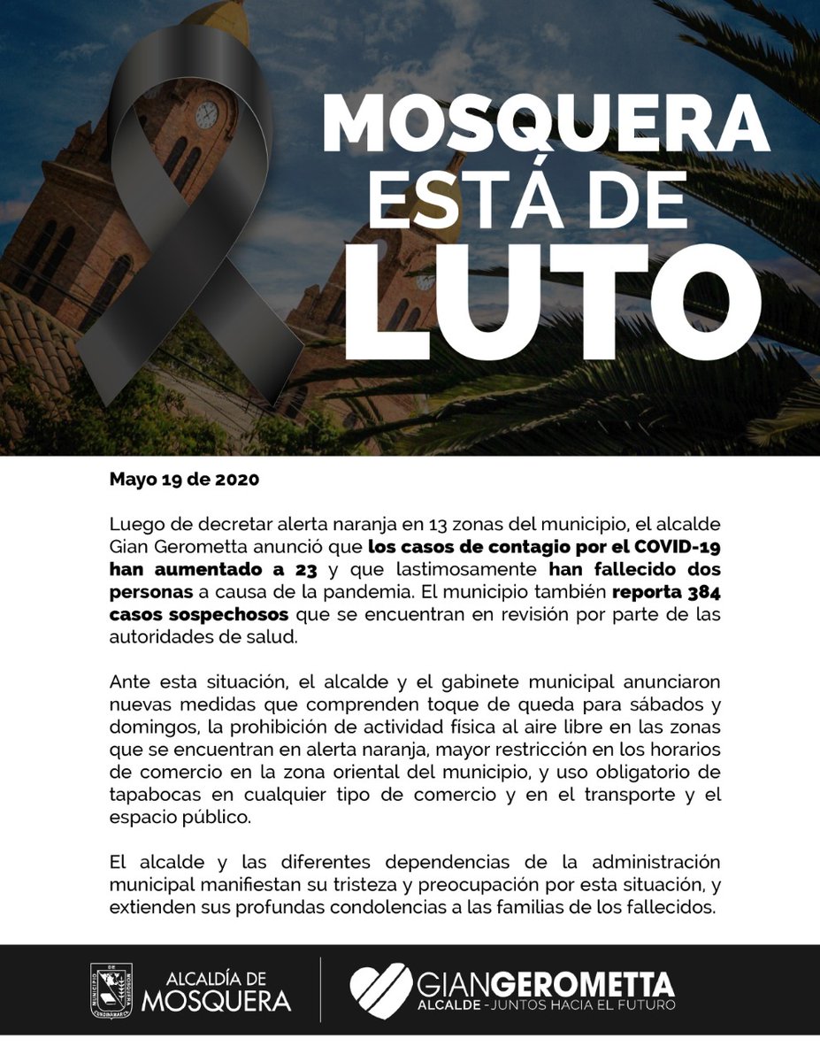AlcMosquera's tweet photo. Con dolor en el corazón les presentamos este reporte.
En nuestro municipio fallecieron 2 personas a causa del COVID-19,los casos aumentaron a 23 y registramos 384 casos sospechosos. Hacemos un llamado urgente a la responsabilidad y al autocuidado. No queremos lamentar más muertes https://t.co/inaan3wTNJ