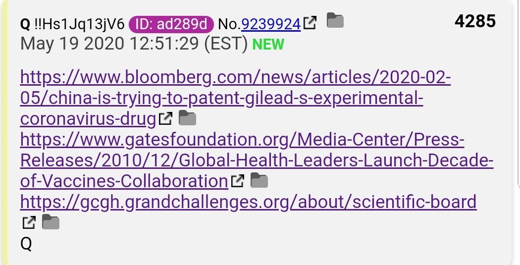 7. #QAnon  #Hydroxychloroquine's US patent expired long ago.  #Q  https://www.bloomberg.com/news/articles/2020-02-05/china-is-trying-to-patent-gilead-s-experimental-coronavirus-drug https://www.gatesfoundation.org/Media-Center/Press-Releases/2010/12/Global-Health-Leaders-Launch-Decade-of-Vaccines-Collaboration https://gcgh.grandchallenges.org/about/scientific-board