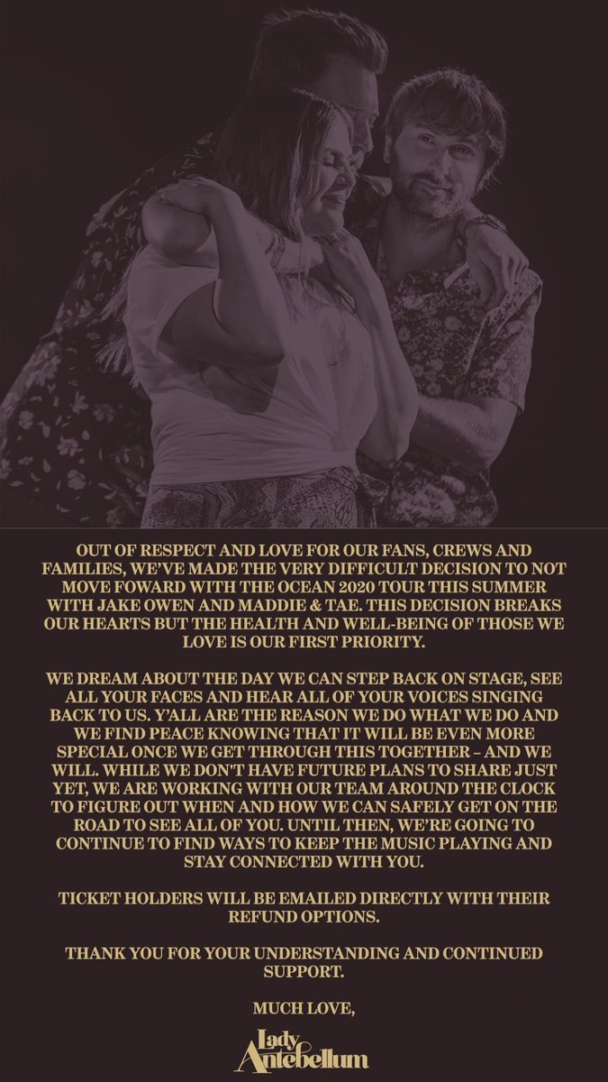 MorningHangover's tweet photo. #BreakingNews @ladyantebellum cancels #OCEAN2020Tour with @MaddieandTae &amp; @jakeowen due to #Coronavirus #Covid_19 https://t.co/LdjRL5BIzr