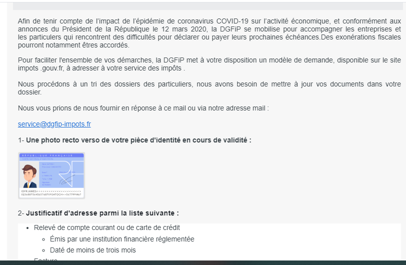CharlieC2M's tweet photo. @dgfip_officiel vous envoyez un mail demandant des infos confidentielles (copie ID etc.) par retour de mail?? C'et quoi cette blague? Un vrai faux phishing ? Le mail vient de nepas-repondre@dgfip.finances.gouv.fr https://t.co/a3dgBBLk7X