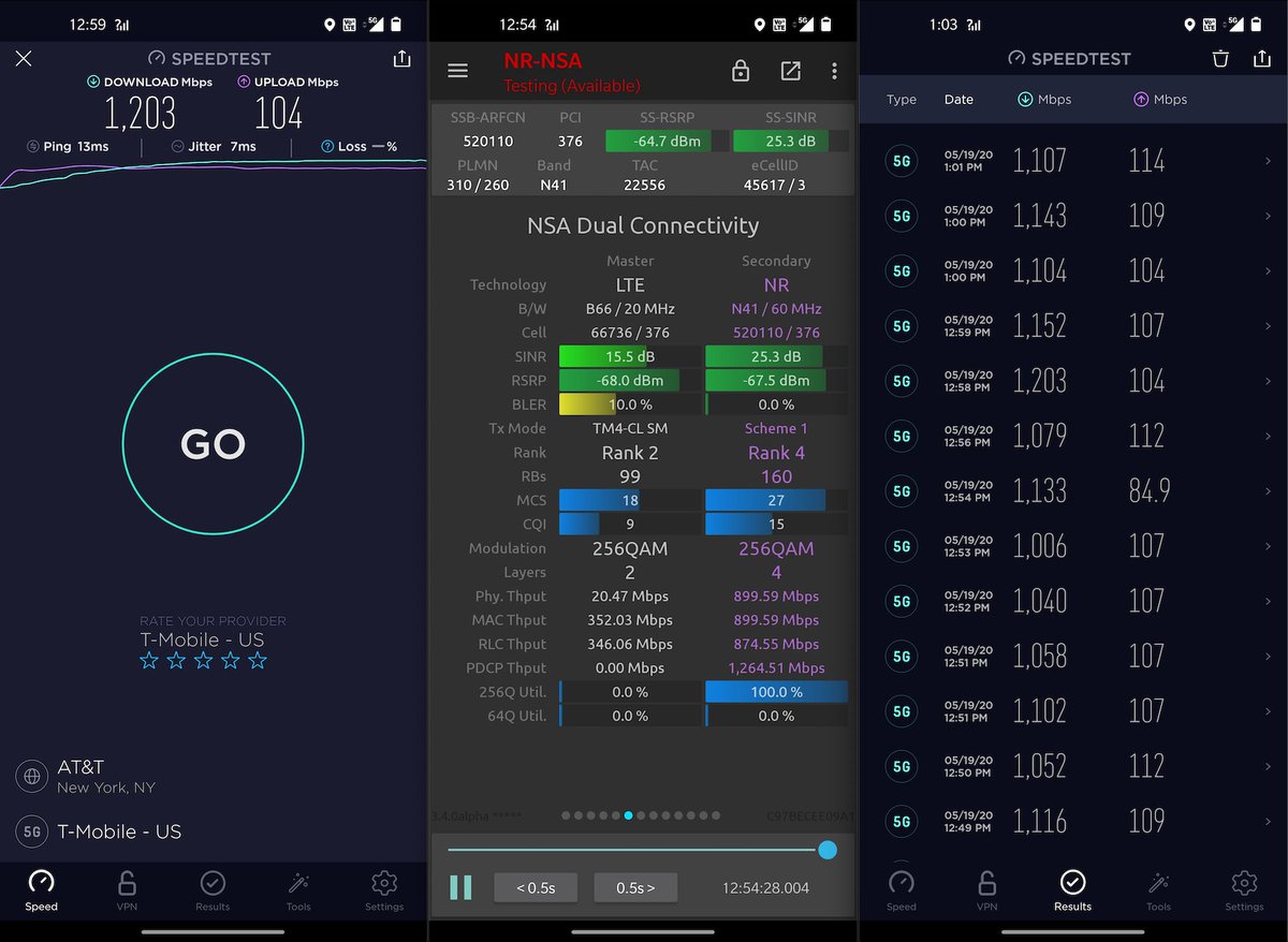 milanmilanovic's tweet image. Well that was unexpected... Just two weeks after the 2.5GHz NYC launch, @TMobile upgrades the NR bandwidth from 40 to 60MHz! 
NR spectral efficiency further improves... 1.2Gbps. 😳
