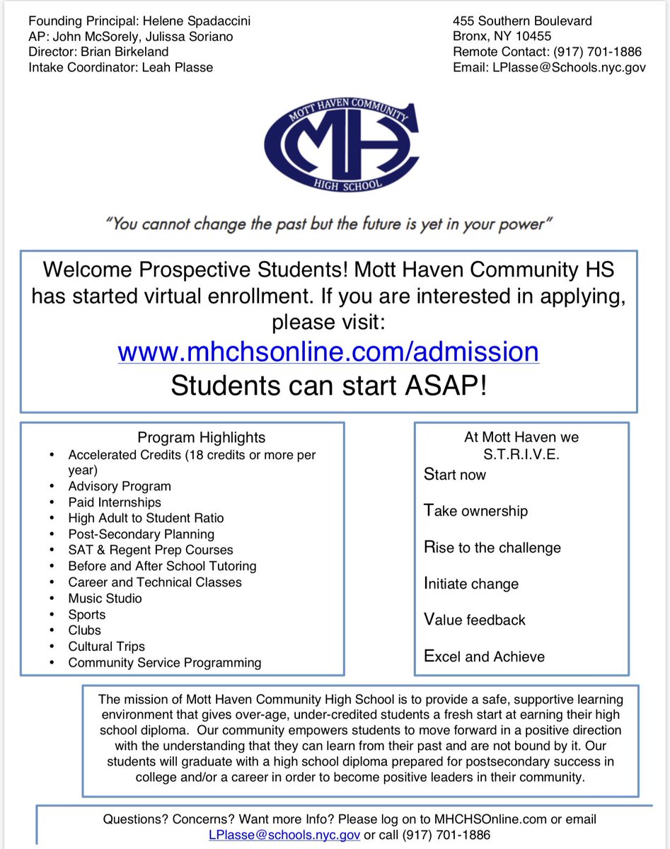 Mott Haven Community High School is accepting students for the end of this SY and for Sept! Students who join now are still eligible to earn up to 6 credits this SY, but must enroll before June 1st. #nycdoe #access #citywide #transferhighschools #championsforchildren #bronx #nyc