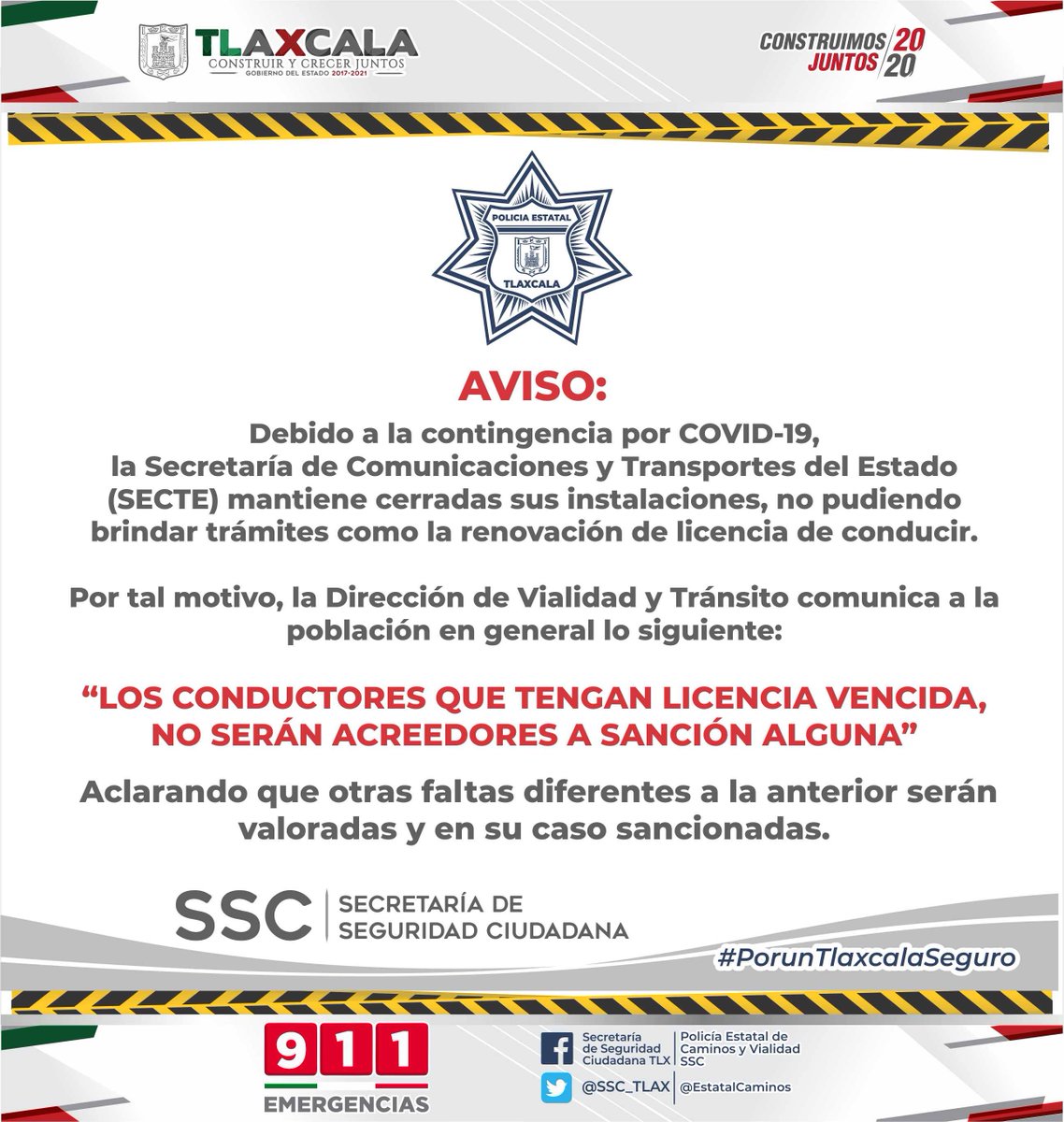 SSC_TLX's tweet photo. La Secretaría de Seguridad Ciudadana (SSC) informa que derivado de la contingencia por Covid-19 en #Tlaxcala, la Dirección de Vialidad y Tránsito no realiza infracciones por vencimiento de licencias de manejo.
#ConstruimosJuntos2020 #PorUnTlaxcalaSeguro #QuedateEnCasa https://t.co/c6fHPaQskV