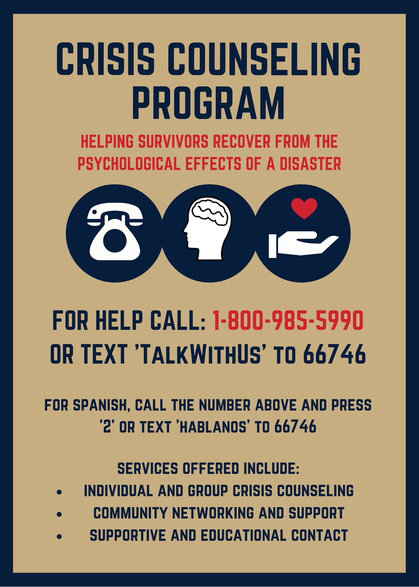 MSEMA's tweet image. The Crisis Counseling Program helps those recovering from the psychological effects of natural and human-caused disasters. If you need help mitigating stress, exploring recovery options and/or emotional support following a disaster please call 1-800-985-5990.