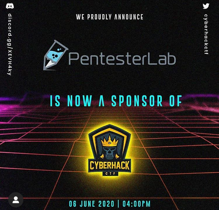 cyberhackctf's tweet image. We are proud to have
@PentesterLab
as one of our sponsors in CyberHackCTF 2020!
This is gonna be crazy fun for everyone out thereSmiling face with smiling eyesFace savouring food Stay tuned for more updatesFireFireFire Join cyberhack.tech