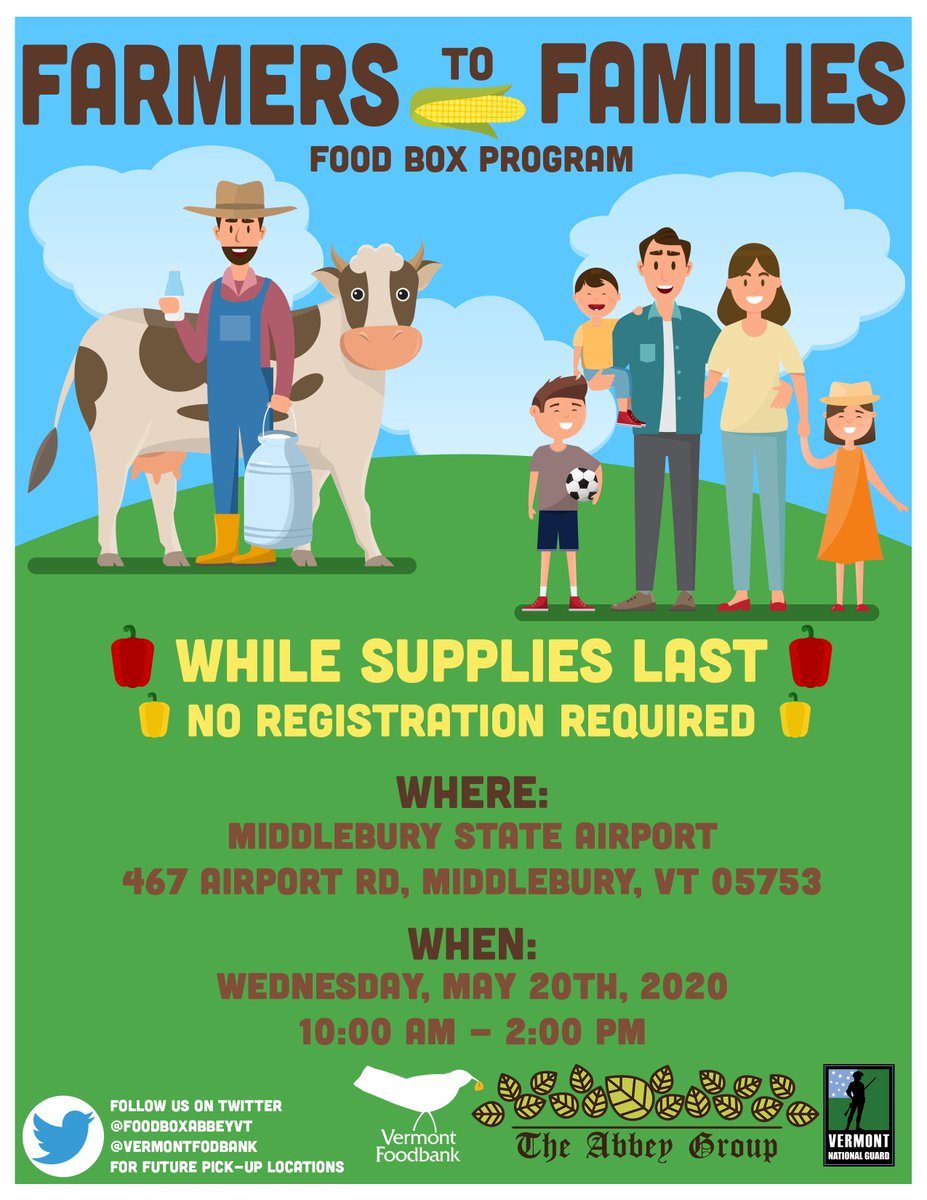 FoodBoxAbbeyVT's tweet photo. Tomorrow's #Vermont #FarmerstoFamilies Food Box pick-up  @ Middlebury State Airport. All events are from 10:00A-2:00P. Food boxes while supplies last. Check our page &amp; @VermontFoodbank for upcoming dates &amp; locations! https://t.co/3cGeVT4e6Z