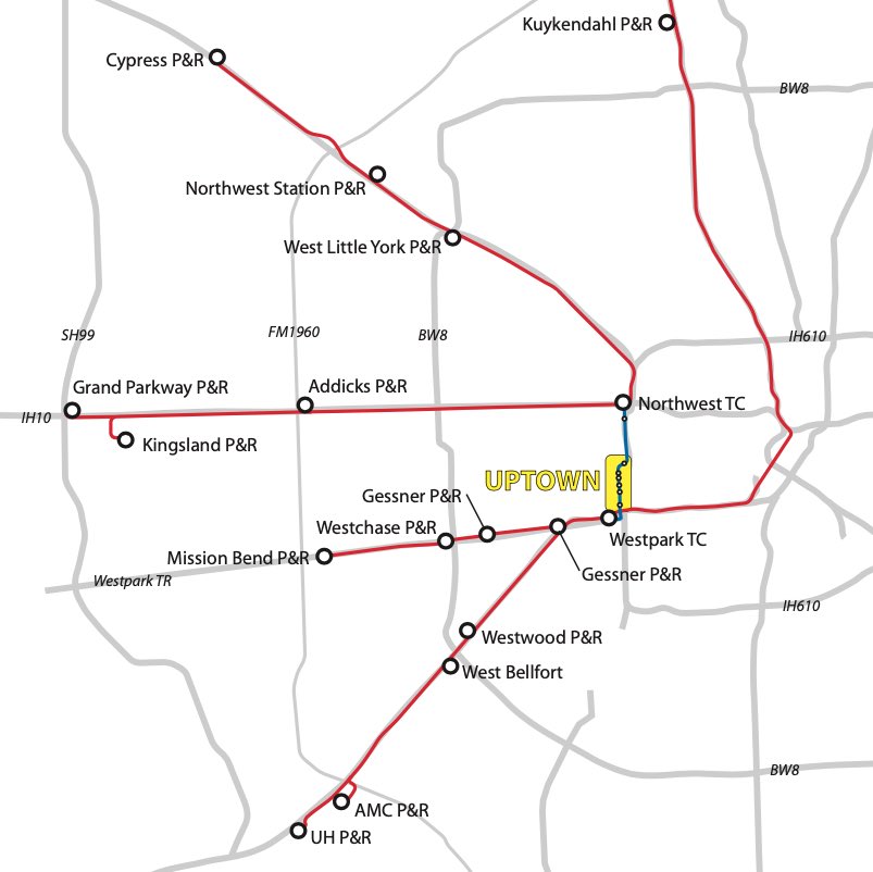 It's also a part of the regional network. People who live in the suburbs out US290, IH10, Westpark, and IH69 will be able to catch the same park and ride service that goes to Downtown, but get off at a transit center and transfer to the Silver Line to get to jobs in Uptown.