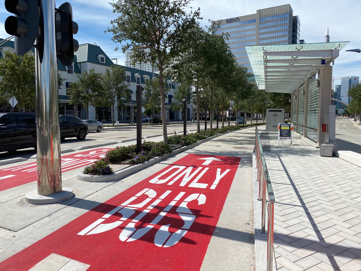 The BRT lanes start just to the north, duck under IH69, and emerge in the center of Post Oak. The lanes are in the median, separated by curbs and trees from regular traffic lanes. Stations are like light rail -- platforms, canopies, passenger information, ticket machines.