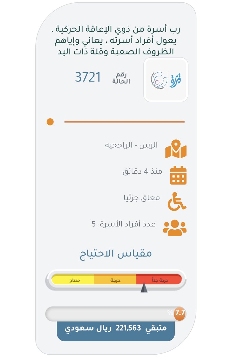 KhvayaClubs's tweet photo. حالة ثالثة حرجة جداً من جود الإسكان : رب أسرة من ذوي الإعاقة الحركية ، يعول أفراد أسرته ، يعاني وإياهم الظروف الصعبة وقلة ذات اليد ، مطلوب ٢٢١ الف ، استغلوا هذا اليوم بالصدقة لعلها تكون ليلة القدر  

https://t.co/ZvnSuIbkGZ https://t.co/fMJx3XGUkq