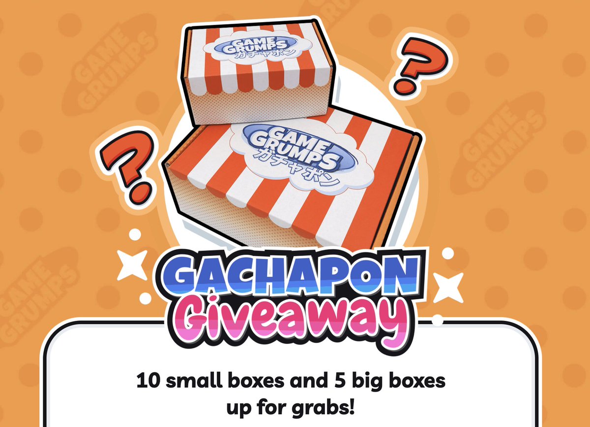GameGrumps's tweet image. GACHAPON BOXES GIVEAWAY! These sold out fast so we’re giving away 10 Small Boxes and 5 Large Boxes!!
📦 Follow @gamegrumps + retweet this + enter at gamegrumps.com/giveaway
📦 1 entry per person/no giveaway accounts please! 
📦 Ends 5/26/20 at 11:59PM PT!