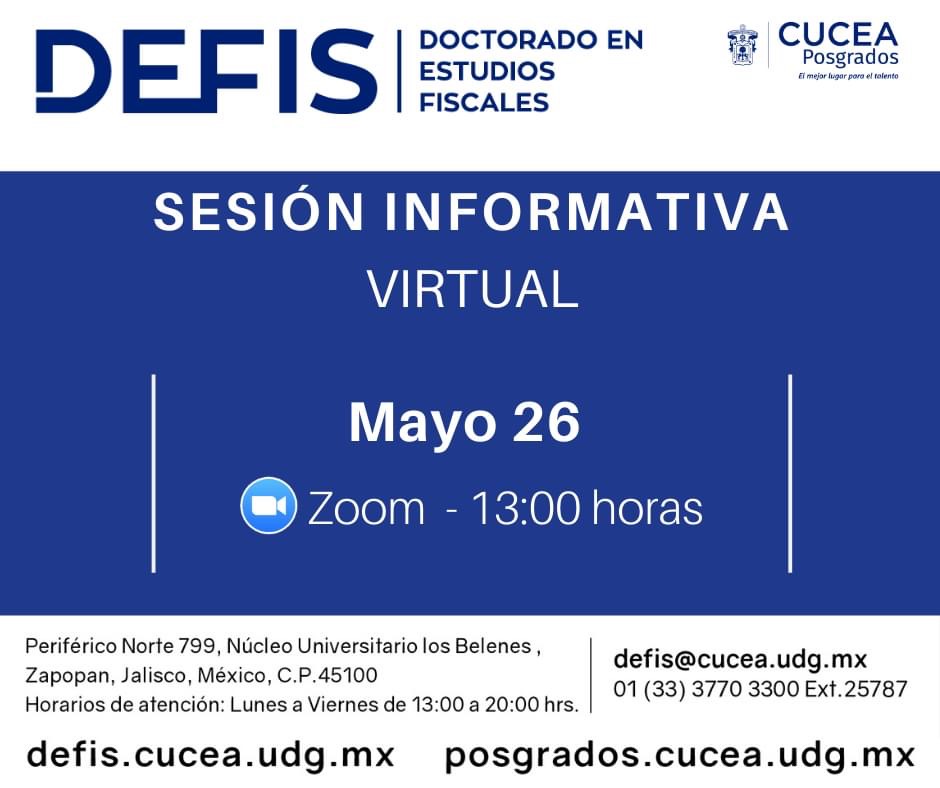 DEFIS (@defiscucea) on Twitter photo Sesión informativa virtual
cgti-udg.zoom.us/j/99023082341?…
📆Martes 26 de Mayo
🕰13:00 horas
📍 Plataforma Zoom
A todos los aspirantes al DEFIS los invitamos a nuestra sesión informativa, para más información envía un correo a:
defis@cucea.udg.mx Sesión informativa virtual
cgti-udg.zoom.us/j/99023082341?…
📆Martes 26 de Mayo
🕰13:00 horas
📍 Plataforma Zoom
A todos los aspirantes al DEFIS los invitamos a nuestra sesión informativa, para más información envía un correo a:
defis@cucea.udg.mx