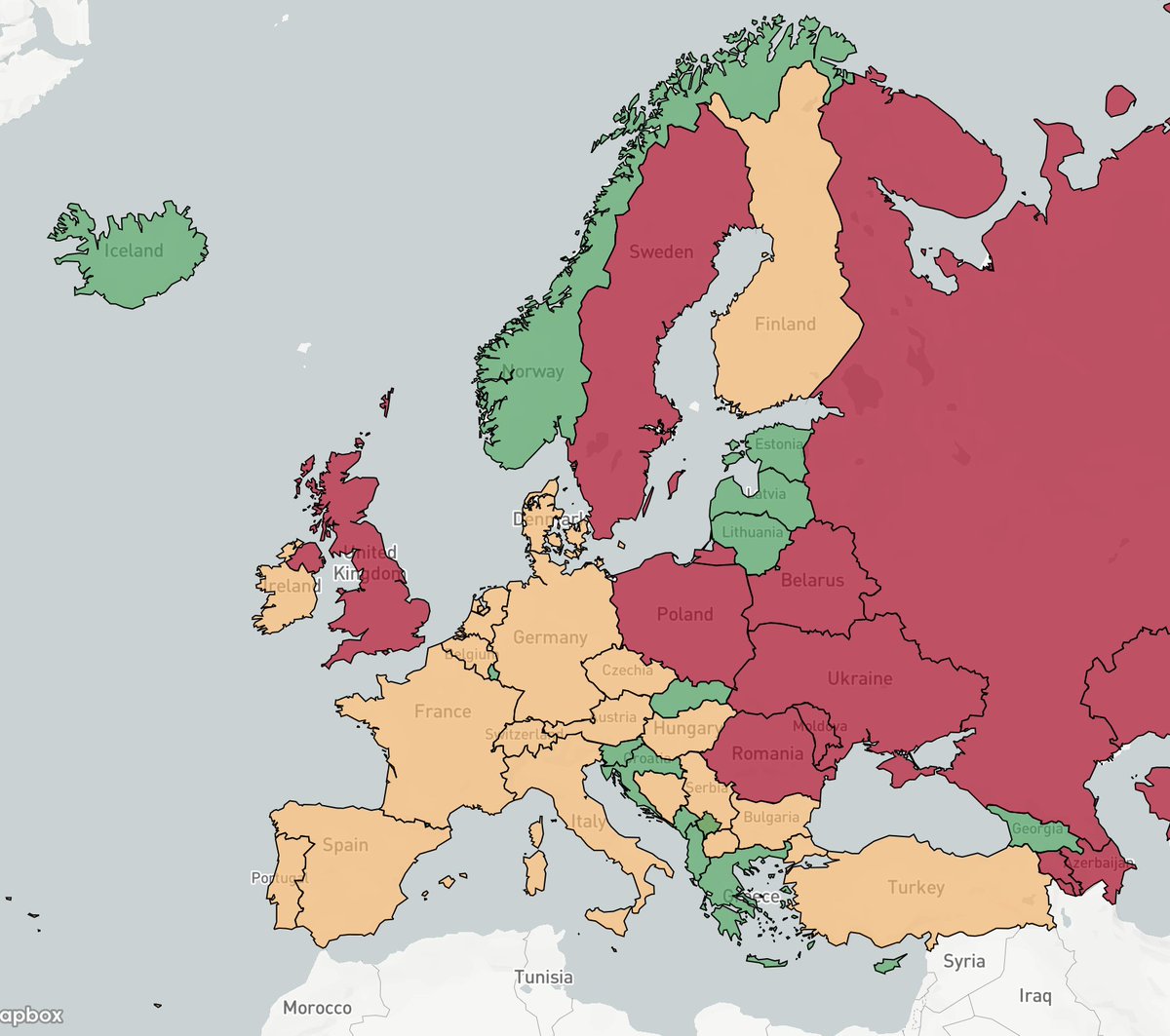 Europe map showing a new political alignment: Sweden, UK and Russia with a few Eastern block countries? Nope

These are "Winners" in Green, "Nearly There" in Yellow, "Take Action" in Red. Confinement is possible, root for Green!

Norway just became a Winner! Congratulations!