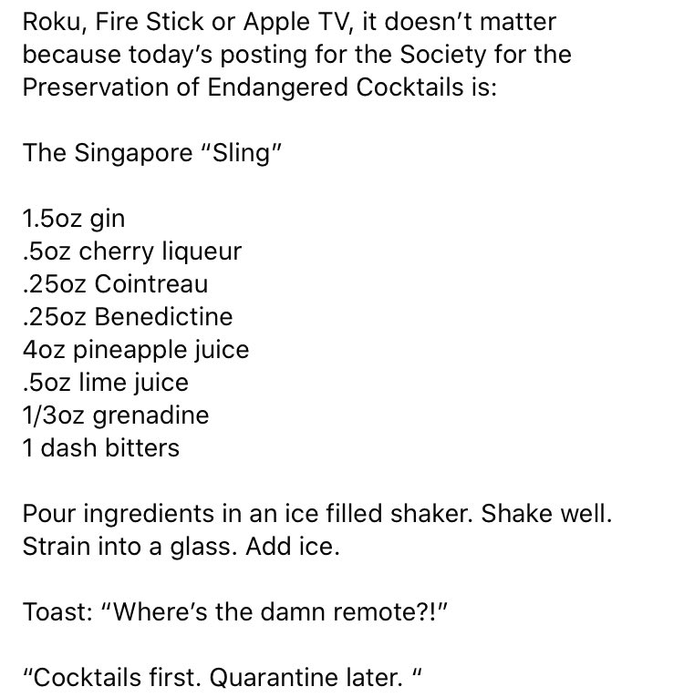 Roku, Fire Stick or Apple TV, it doesn’t matter because today’s posting for <a href="/DPRKan/">‏َ</a>’s Society for the Preservation of Endangered Cocktails is: The Singapore “Sling”
#CocktailsFirstQuarantineLater