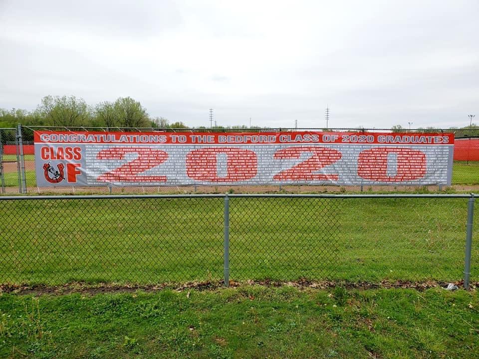 BedfordSupt's tweet photo. How great is it that it takes a full 50 foot long banner to highlight the BHS Class of 2020! Congratulations  to all 350 Graduating Kicking Mules! Thank you Principal Weber and Staff for this great recognition. https://t.co/cHlthzm4mQ
