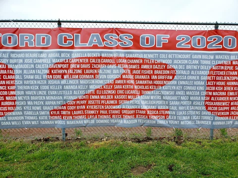 BedfordSupt's tweet photo. How great is it that it takes a full 50 foot long banner to highlight the BHS Class of 2020! Congratulations  to all 350 Graduating Kicking Mules! Thank you Principal Weber and Staff for this great recognition. https://t.co/cHlthzm4mQ