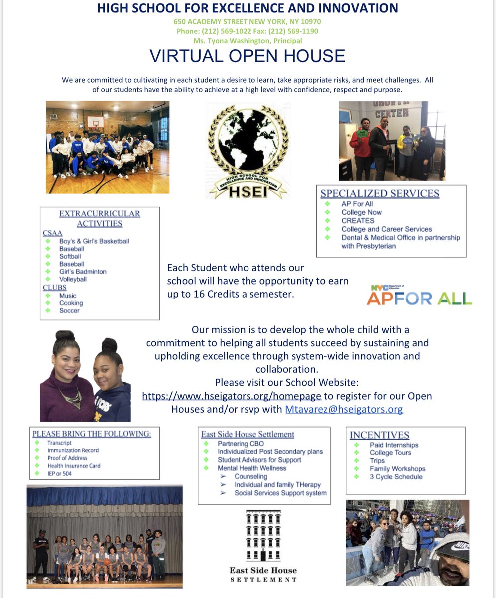 Go to High School for Excellence and Innovation website @ hseigators.org/homepage​ to register for their Virtual Open Houses. #nycdoe #access #citywide #transferhighschools #championsforchildren #manhattan #nyc