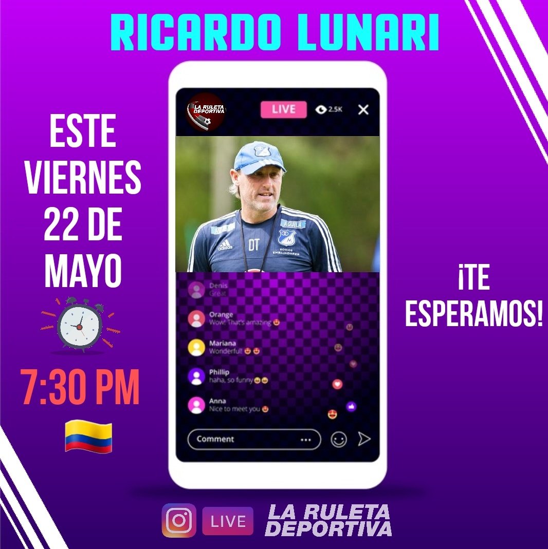 LaRuletaDeport's tweet photo. ⚽️🥇¡INVITADO DE LUJO!🥇⚽️

Este viernes conéctate a nuestro Instagram Live📲 (laruletadeportiva.oficial) y disfruta con nosotros la entrevista💻🗣 a un gran referente para los hinchas de @MillosFCoficial. Estamos hablando del gran @ricardolunari Ⓜ️💥⚽️ https://t.co/UCI0V9TlIs