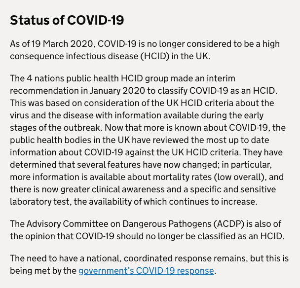 On March 19, multiple people tweeted this at me. The status of COVID-19 had been downgraded. It was no longer a 'high consequence infectious disease'. I didn't retweet it. There has to be some explanation, I thought. And there was...