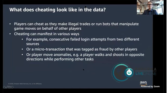 Percona's tweet photo. Yahav Biran at @awscloud shows what cheating looks like in the data in his talk, "Anti-Cheating Tool for Massive Multiplayer Games Using Amazon Aurora and Amazon ML Services" #perconalive https://t.co/ea8QYcYgFS