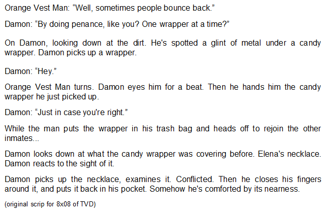 Script for 8x08 after Stefan throws away Elena's necklace and Damon goes back to find it and feels comforted when he has it with him and script for 8x09 as delena necklace keeps on making him feel things