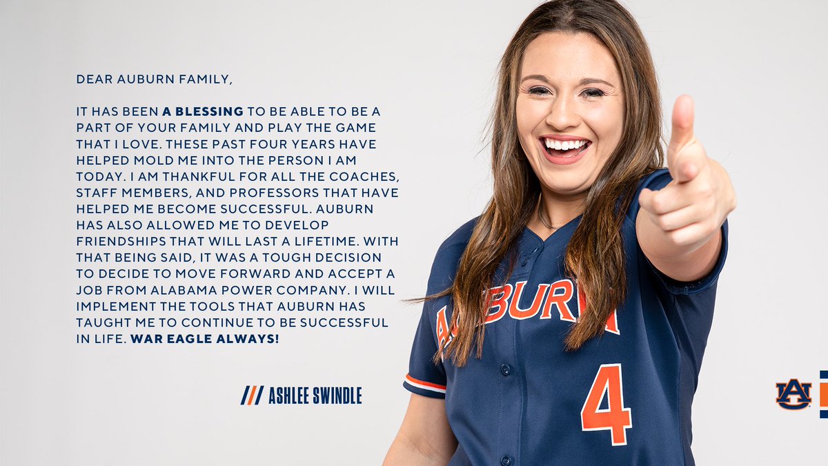 AuburnSoftball's tweet photo. A message to the Auburn Family from @AshleeNSwindle 💙🧡

#WarEagle https://t.co/Jrg1Byk23d