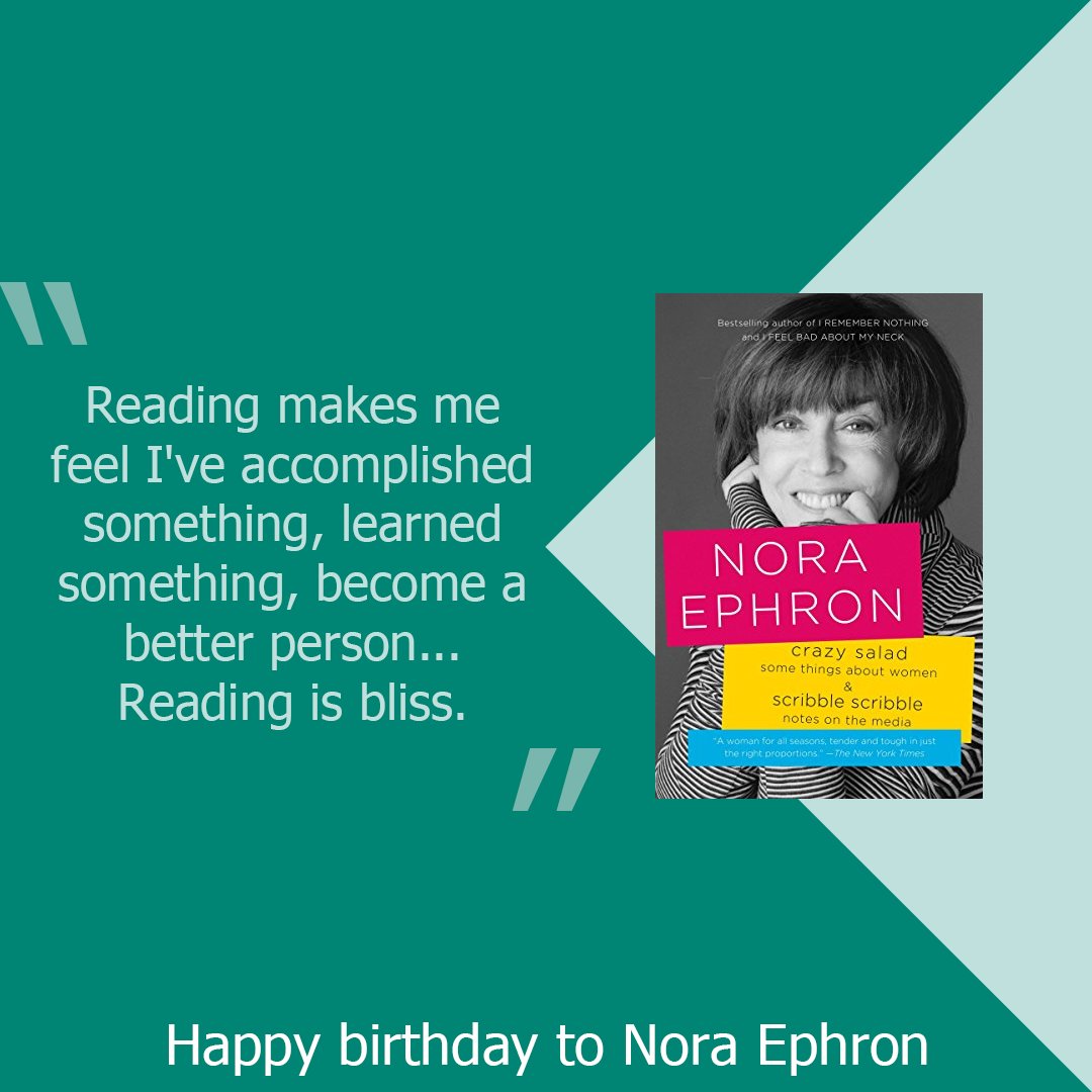 ThriftBooks's tweet photo. โReading makes me feel I've accomplished something, learned something, become a better person. ... Reading is bliss.โ Nora Ephron was born on this day in 1941. We find her writing to be simply crammed with this sort of wit and wisdom. #everythingiscopy #memoir \#quotes https://t.co/oDGlLOh9e3