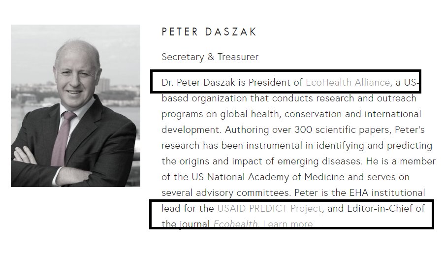 3/XIf we look at the leadership team of GVP, you will see some familiar faces: http://www.globalviromeproject.org/leadership-team Most familiar is probably Peter Daszak, the wealthy Treasurer, also with the key role of Secretary.Note: USAID PREDICT Project - EcoHealthAlliance