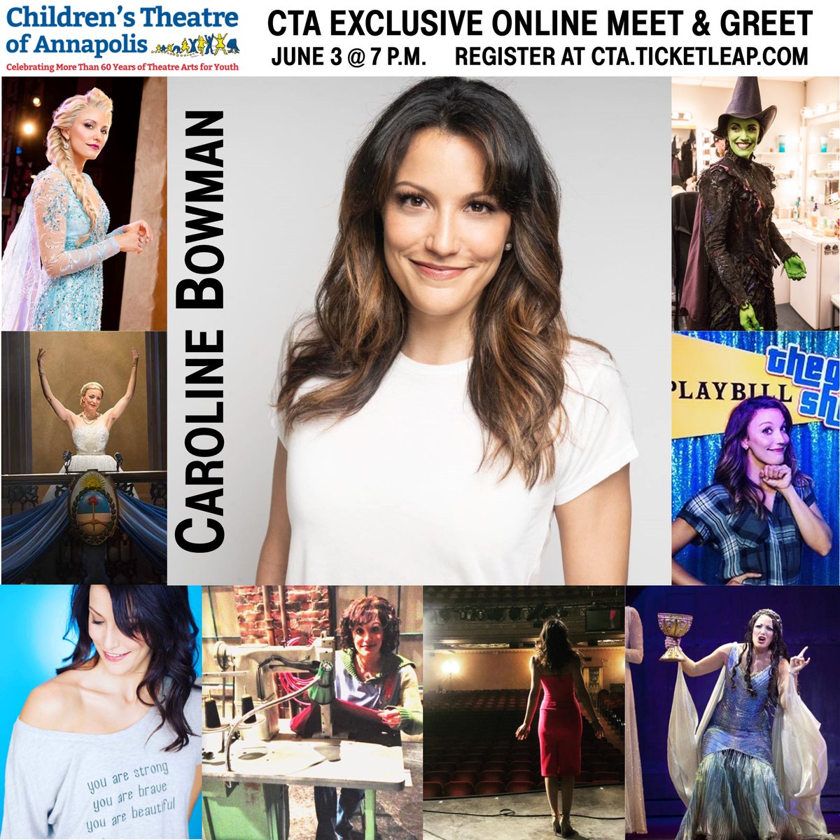 CTAnnapolis's tweet photo. CTA EXCLUSIVE! Join us for a meet &amp; greet with Broadway's Caroline Bowman on June 3 @ 7-8 p.m. Get your questions answered about what it's like to be a professional actress, education, &amp; more + a live performance! $15 per household. Register now @ https://t.co/iQZUzWdru4. https://t.co/bpoqDD05cb