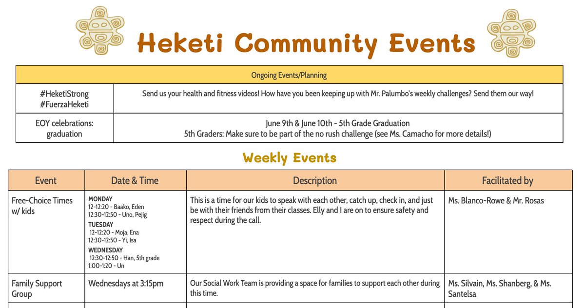 We have a packed calendar of events for the end of the school year! Click the link to view our calendars and join us weekly! ☀️

tinyurl.com/y8qc3465