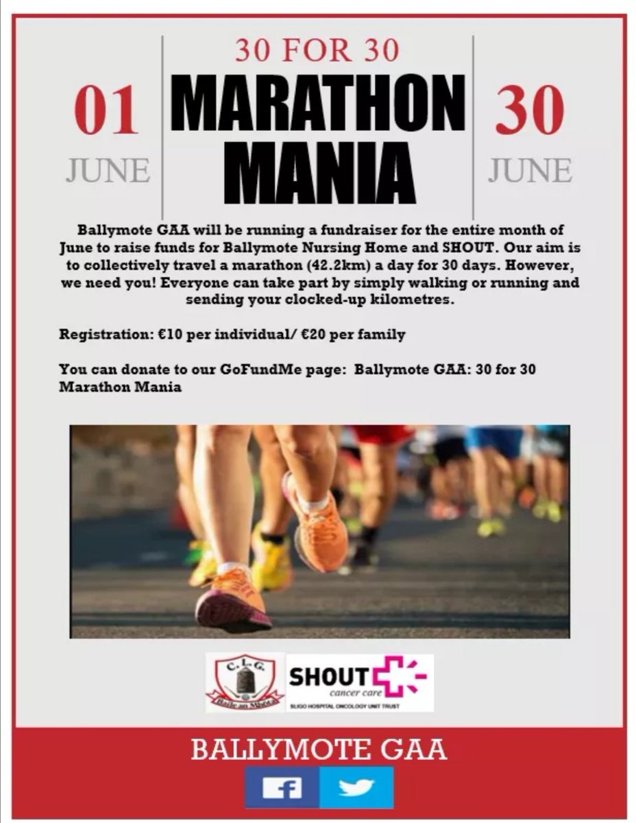 GAABallymote's tweet photo. Our Club Fundraiser for Ballymote Nursing home and SHOUT (Sligo Hospital Oncology Unit Trust). All support welcomed. Please follow our Twitter/Facebook page for more details.👍

#30for30Marathonmania 🚶‍♀️🚶‍♂️🏃‍♀️🏃‍♂️ https://t.co/P8mnGCTIJk