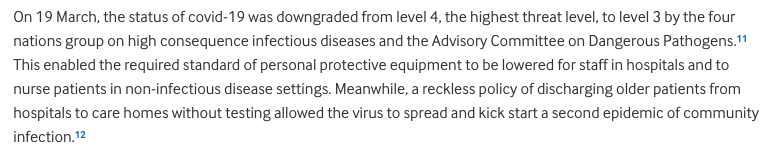 From the  @bmj: 'On 19 March, the status of covid-19 was downgraded from level 4, the highest threat level, to level 3... This enabled the required standard of PPE to be lowered for staff in hospitals and to nurse patients in non-infectious settings'