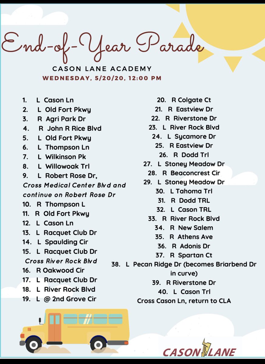 We can't wait to see you all at our End-of-the-Year Parade! We will be driving by to say goodbye tomorrow. Our faculty and staff will be leaving in MCS buses at 12:00 noon and will follow the route below. Make sure to stop by one of the locations and wave hello! <a href="/MCScommunicates/">Murfreesboro City Schools</a>