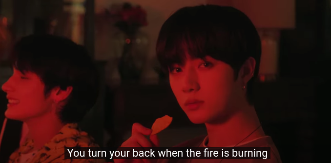 i then want to jump forward to this part, at about 1:04, where the lights go red as beomgyu says "you turn your back when the fire is burning." basically, i'm saying that beomgyu and yeonjun d*ed in that fire. meaning they're ghosts.