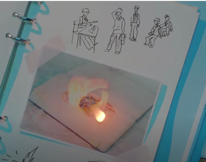 from the run away mv) but also small drawings at the top and bottom. youll notice that beomgyu is the only one that moves to put out the fire, none of the other three leave their positions. youll also see that beomgyu fails to put out the fire, and the fire engulfs the diary.