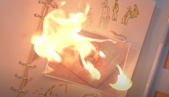 from the run away mv) but also small drawings at the top and bottom. youll notice that beomgyu is the only one that moves to put out the fire, none of the other three leave their positions. youll also see that beomgyu fails to put out the fire, and the fire engulfs the diary.