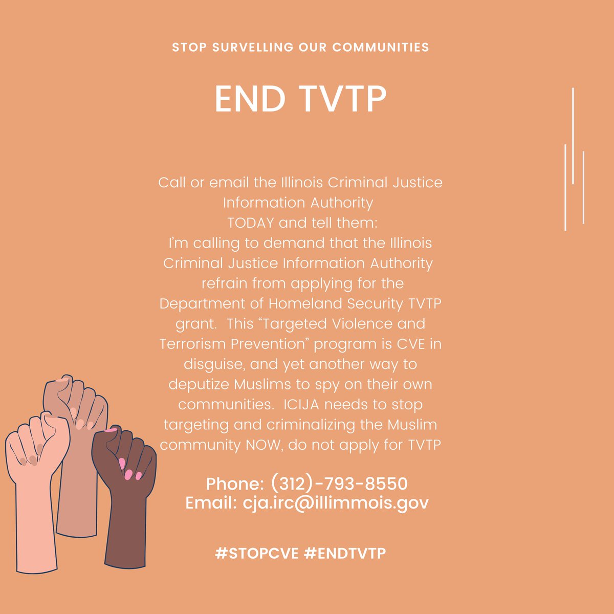 StopcveChicago's tweet photo. Join us in demanding that @ICJIA_Illinois renounce CVE and TVTP and refrain from applying for DHS grants that target and criminalize Muslims!  #StopCVE #EndTVTP https://t.co/6G83qgAK3u