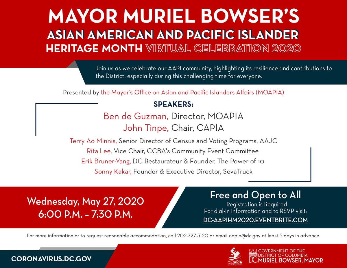 dcmoapia's tweet photo. Join @dcmoapia pia on Wednesday, 5/27 at 6:00 PM - 7:30 PM (EST) as we celebrate #AAPIHeritageMonth and honor the stories of our District's AAPI community, highlighting its resilience and contributions! #AAPIHM2020 #BuildingResilienceTogether #DCValues https://t.co/CwDrDh37cd