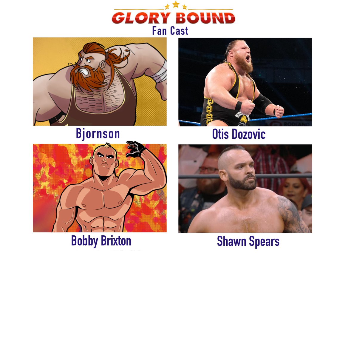 BrightlancerArt's tweet photo. So I thought it would be fun to do a #fancast of the #victoryproworld wrestlers! From my upcoming comic book #glorybound
Jett Squires @WWEMaverick
Cinder Sky @WWEEmberMoon
Xander Oak @XavierWoodsPhD
Bjornson @otiswwe
Bobby Brixton @Perfec10n https://t.co/aD421FwzL7